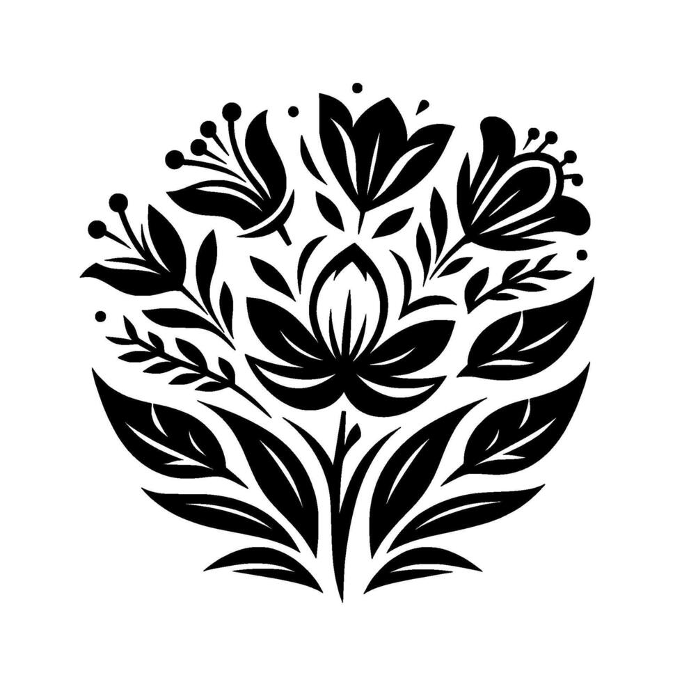 Elegant Black and White Floral Arrangement in Circular Composition Stylized Flowers, Leaves, and Berries. vector