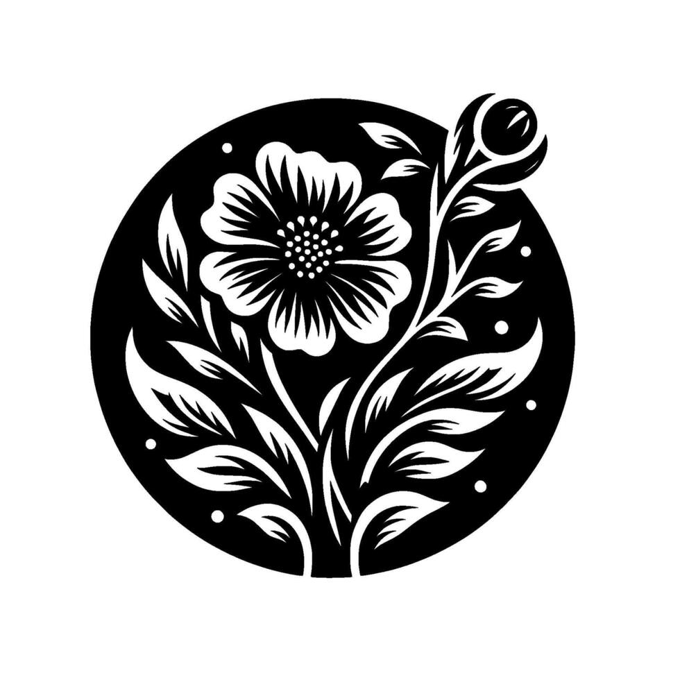 Elegant Black Circle Floral Bold contrast of a blooming flower, buds, and leaves in a black circle on a white background, minimalist. vector