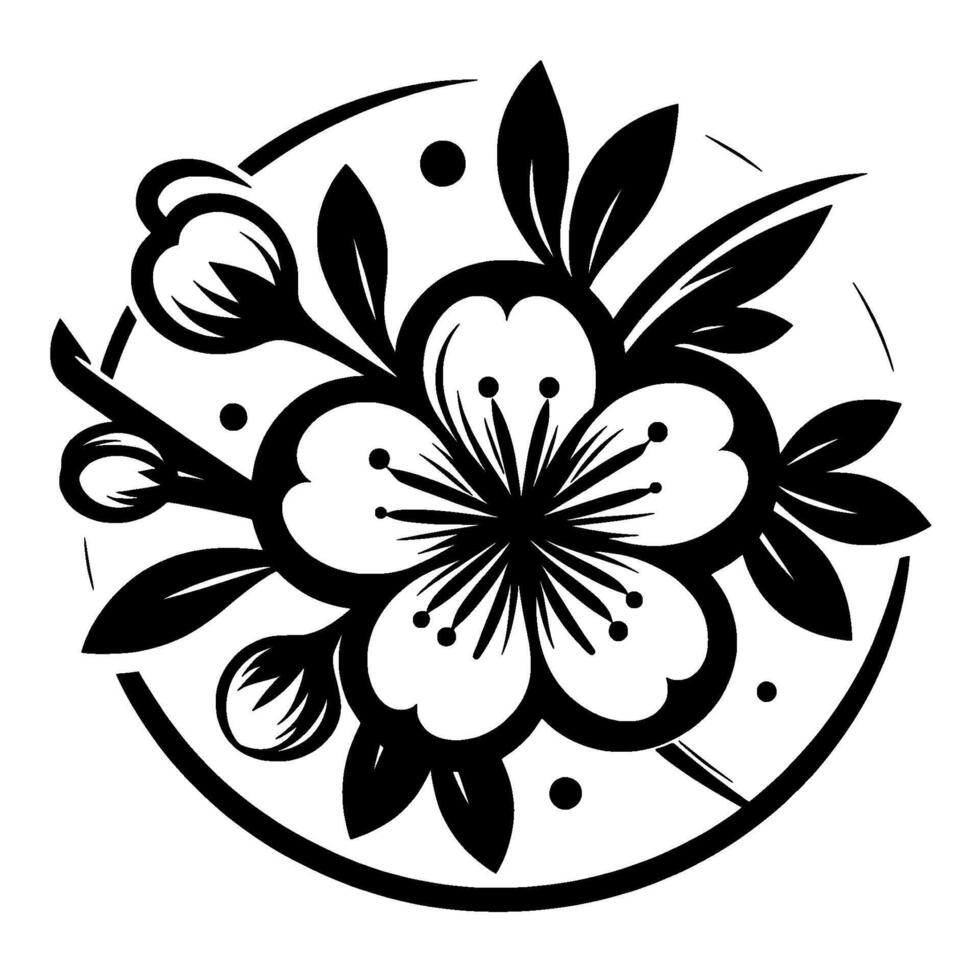 Black White Floral Illustration of Cherry Blossom with Buds, Leaves, and Circle Frame. vector