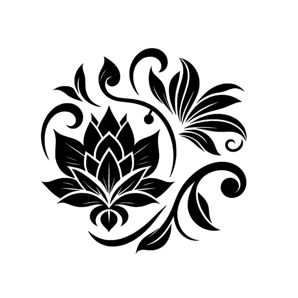 Symmetrical Black Floral with Detailed Petals, Swirls, and Leaves in a Clean, Minimalist White Background Composition. vector