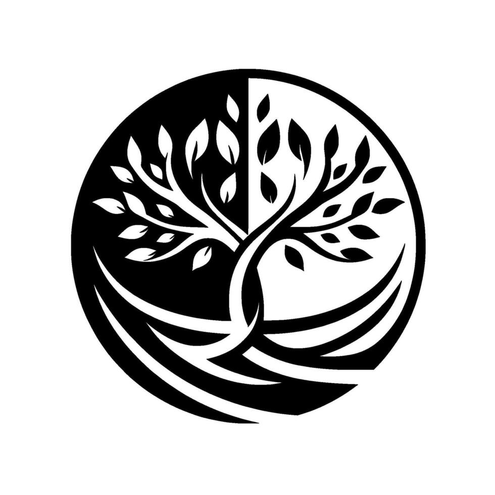 YinYang Tree of Life A BW emblem symbolizing harmony, balance, and duality within a circular , with leaves and intertwining roots. vector