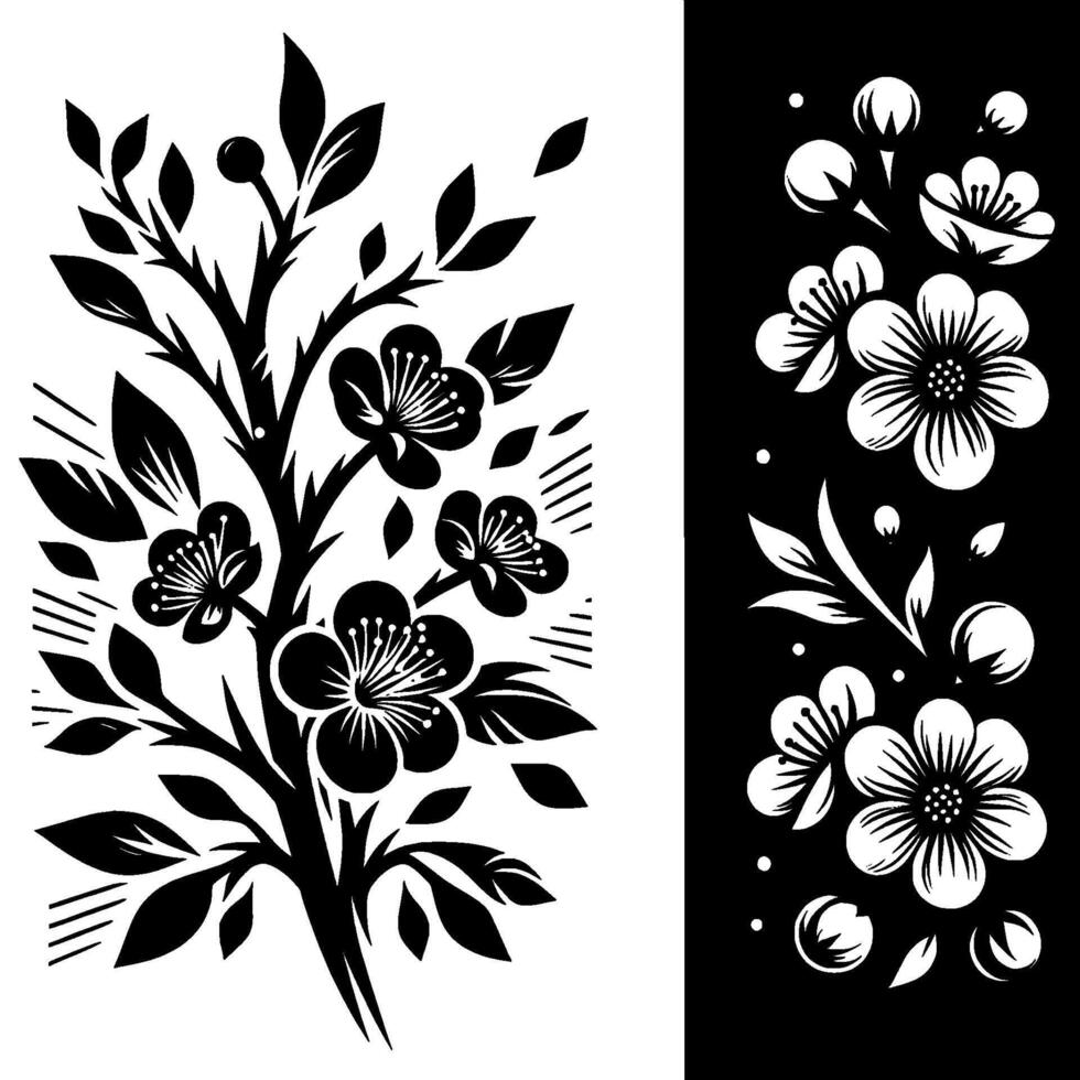 Black and white floral arrangement with , stylized , split composition, detailed blossoms on branches and contrasting background. vector