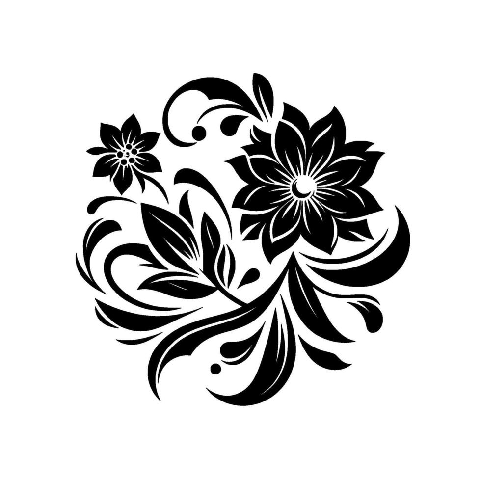 An elegant black and white floral in a circular arrangement, featuring stylized blooms, leaves, and ornamental flourishes, on a clean white background. vector