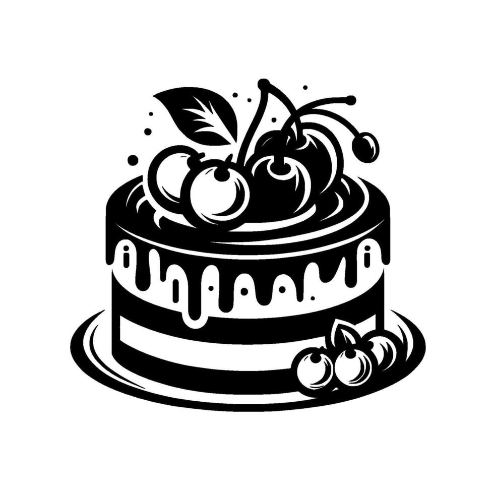 Detailed Black White Illustration of a TwoLayer Cake Drizzled in Chocolate, Garnished with Fresh Cherries and a Leaf. vector