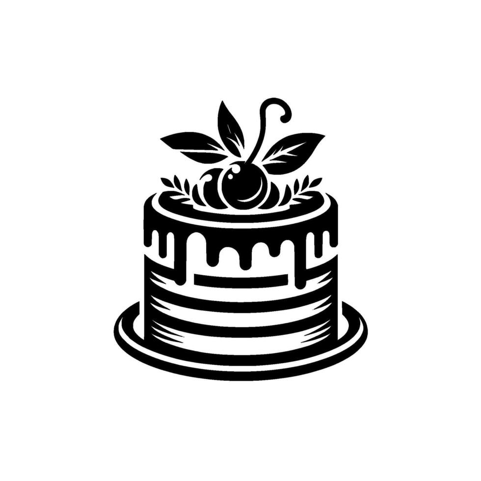Monochromatic Illustrated Cake with Drip Icing, Cherry Topping, and Decorative Foliage, on a White Background vector
