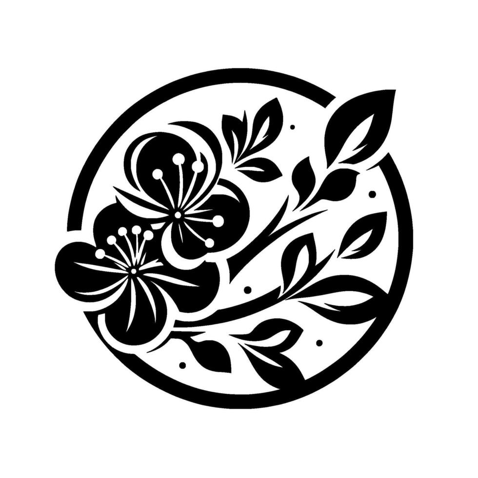 Elegant Black and White Floral Inside a Circular Frame with Intricate Details and Stylized Leaves. vector