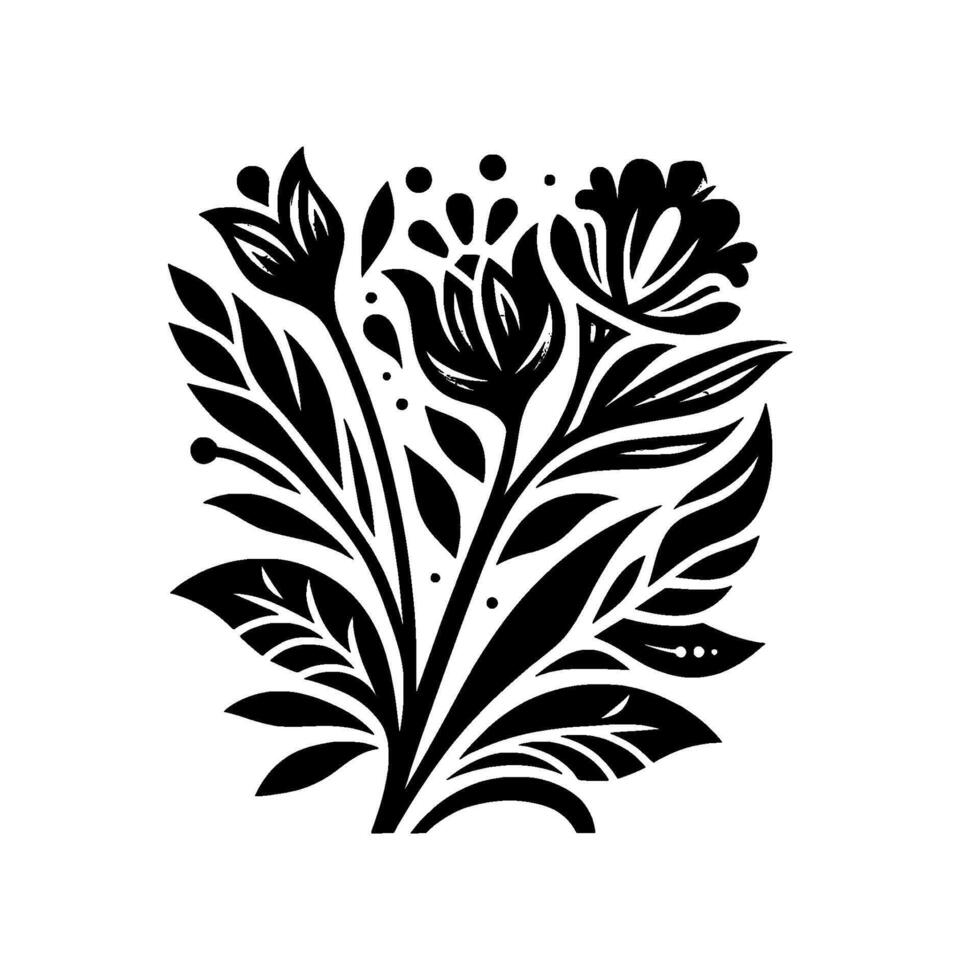 Intricate Black and White Floral Arrangement Stylized Illustration of Tulips, Leaves, and Decorative Elements, Isolated on White. vector