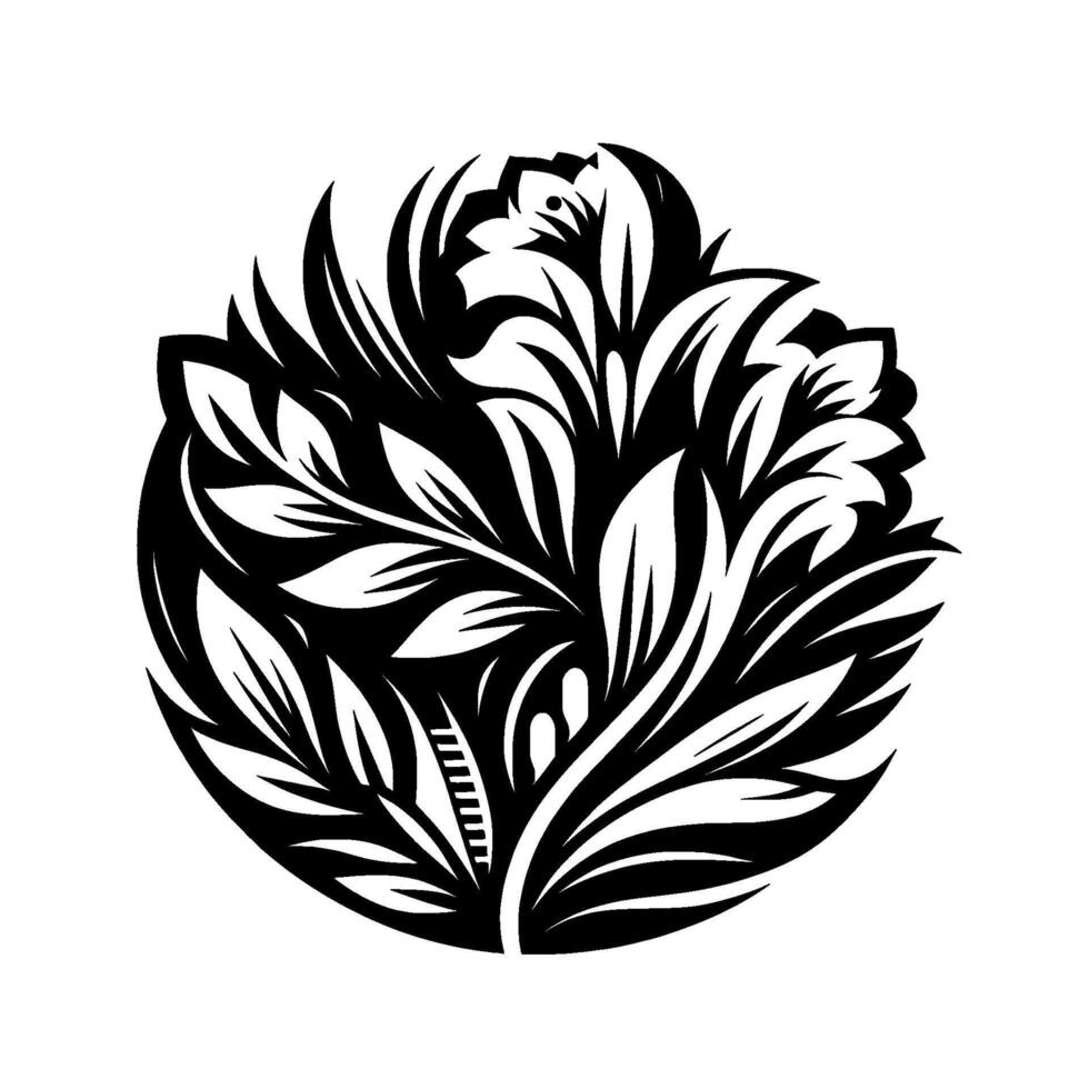 Intricate Black and White Floral within a Circle, Illustrating Leaves, Petals, and Delicate Details, Isolated on White. vector