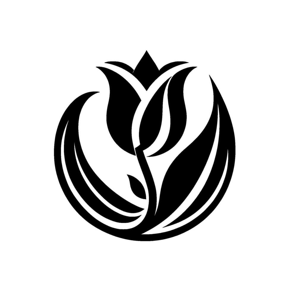 Black and White Floral Emblem Stylized Tulip Enclosed in a Circular Frame, Elegant Illustration on White Background. vector