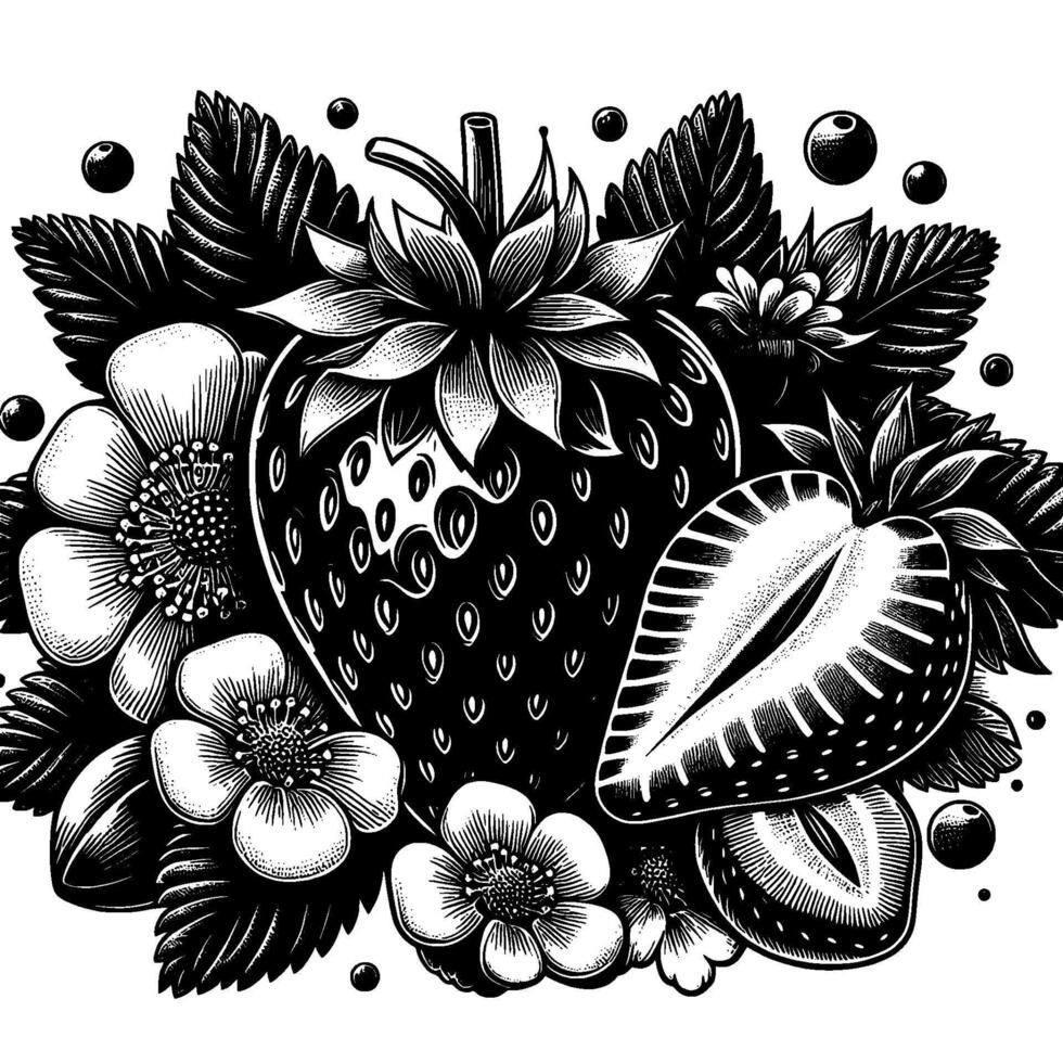Intricate Monochrome Botanical Illustration Featuring a Detailed Strawberry, Blossoms, and Berries in a Decorative, Engraved Style. vector