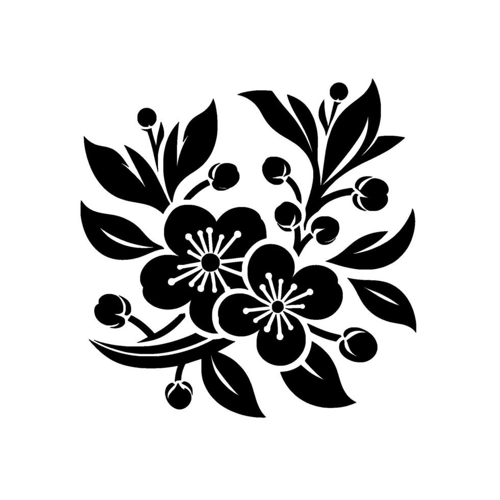 Intricate Black and White Floral Pattern Detailed Silhouette of Flowers, Leaves and Berries in a Symmetrical Arrangement. vector