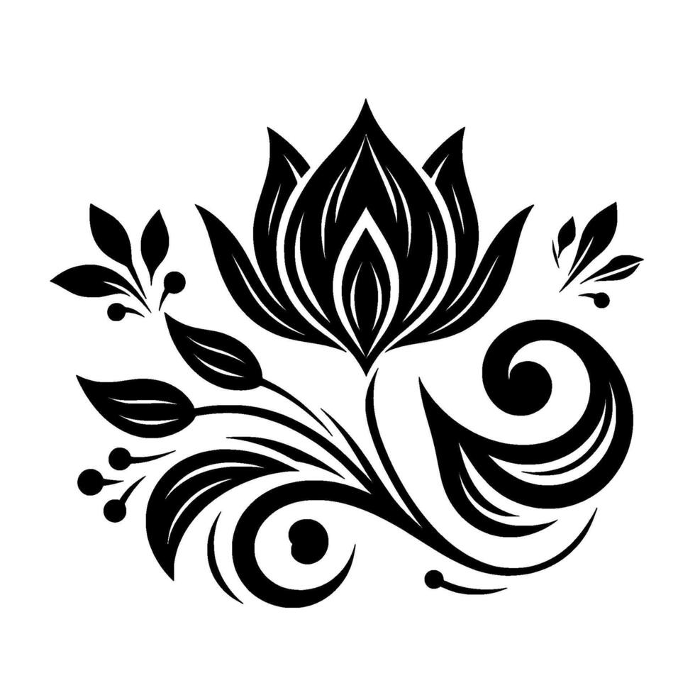 Elegant Black and White Floral with Intricate Details, Leaves, Swirls, and Botanical Elements on a White Background vector