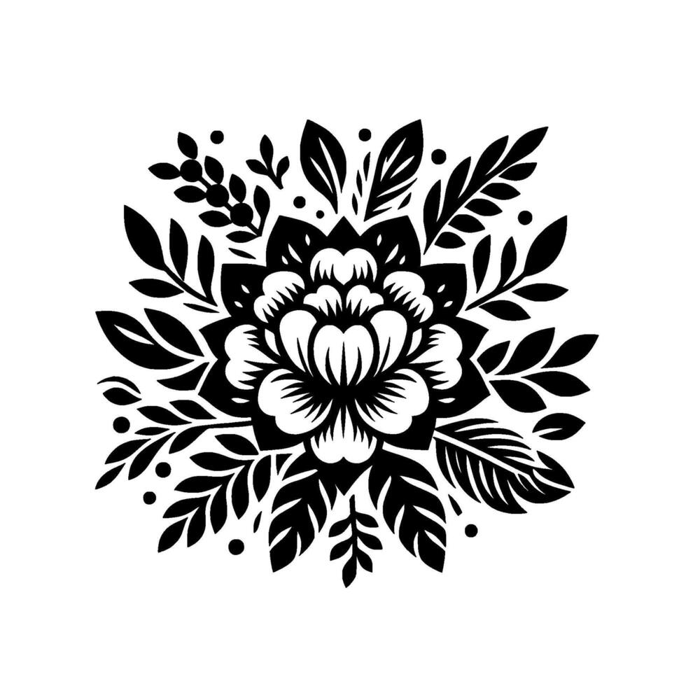 Bold Black and White Floral Mandala with Ornamental Leaves and Berries on a White Background, for Creative Projects. vector