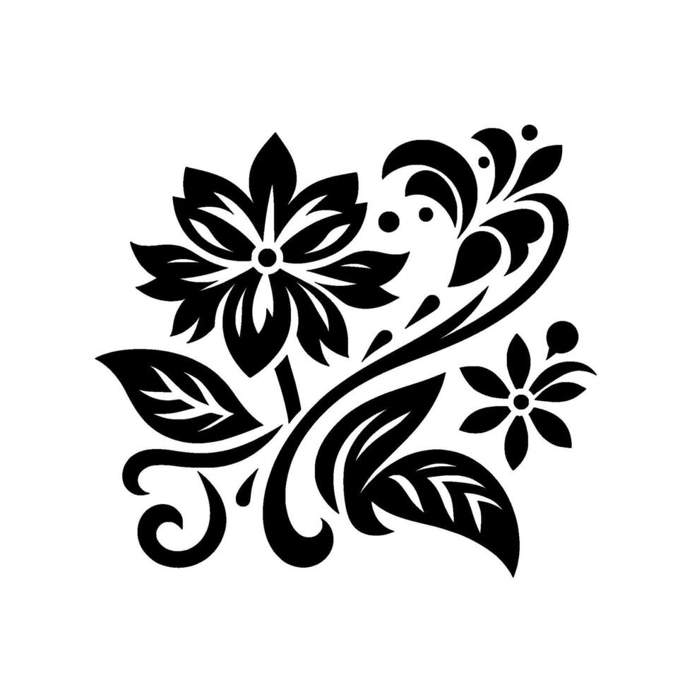 Intricate Black Floral Ornament Symmetrical Featuring Flowers, Leaves, and Curlicues on White Background, Suggesting Nature and Elegance. vector