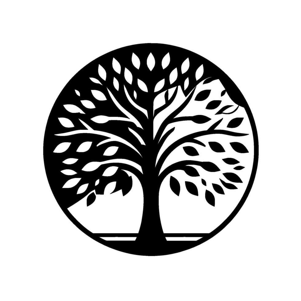 Stylized Tree of Life Within a Circle Black and White Illustration of Nature, Branches, and Leaves, Symbolic . vector