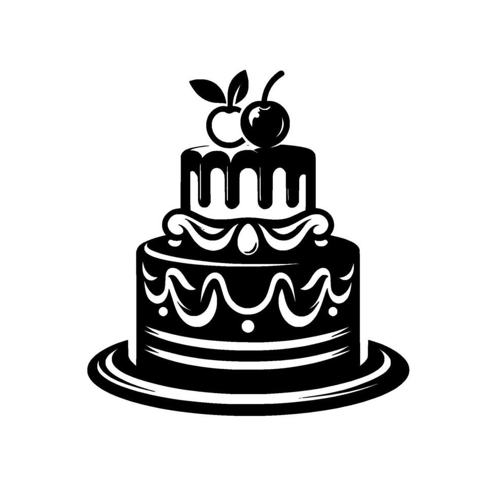 TwoTiered Black and White Cake with Cherry Topping, Decorative Icing, and a Plate, Isolated on White Background. vector