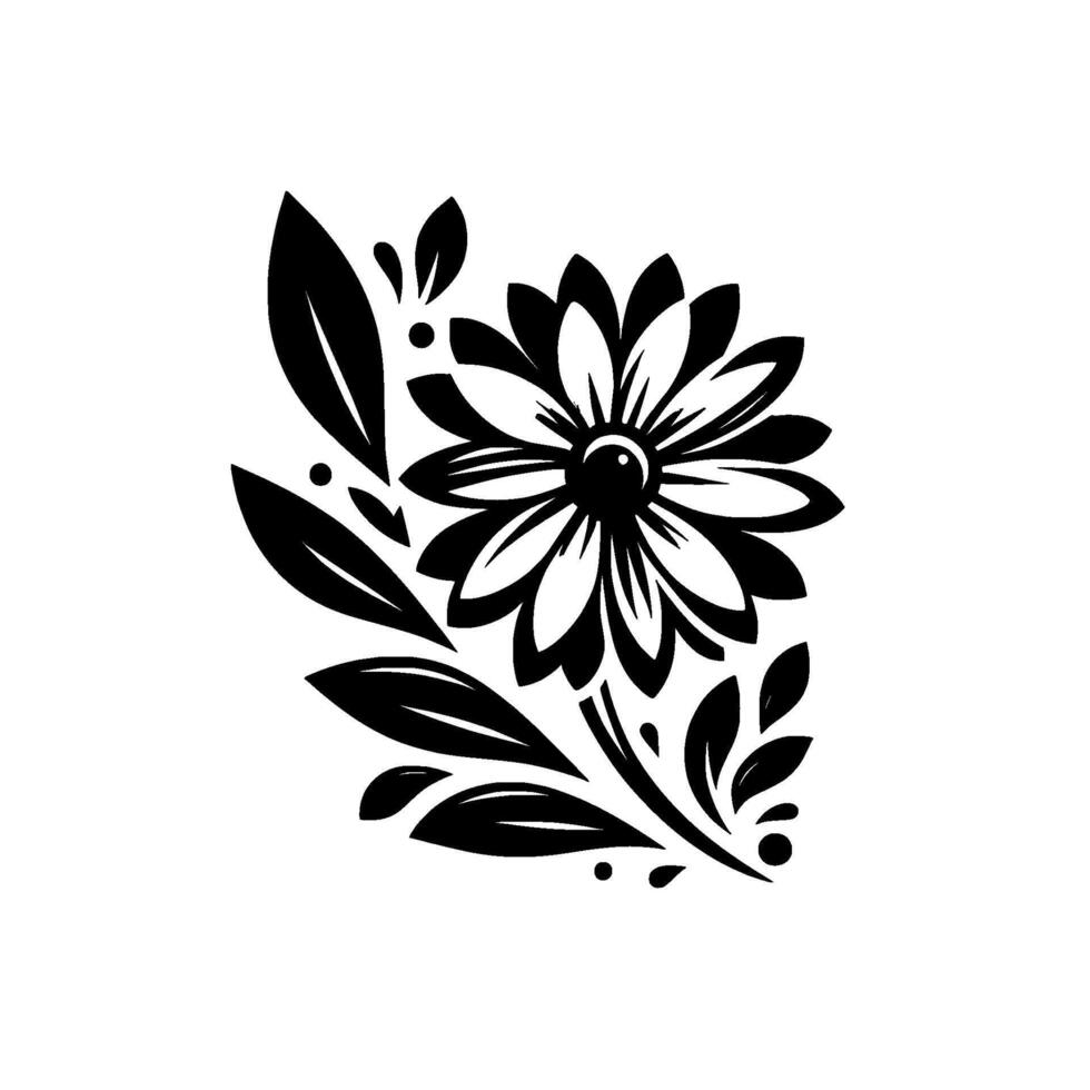 Black and white floral illustration of a stylized daisy with leaves and delicate details, set against a white background. vector