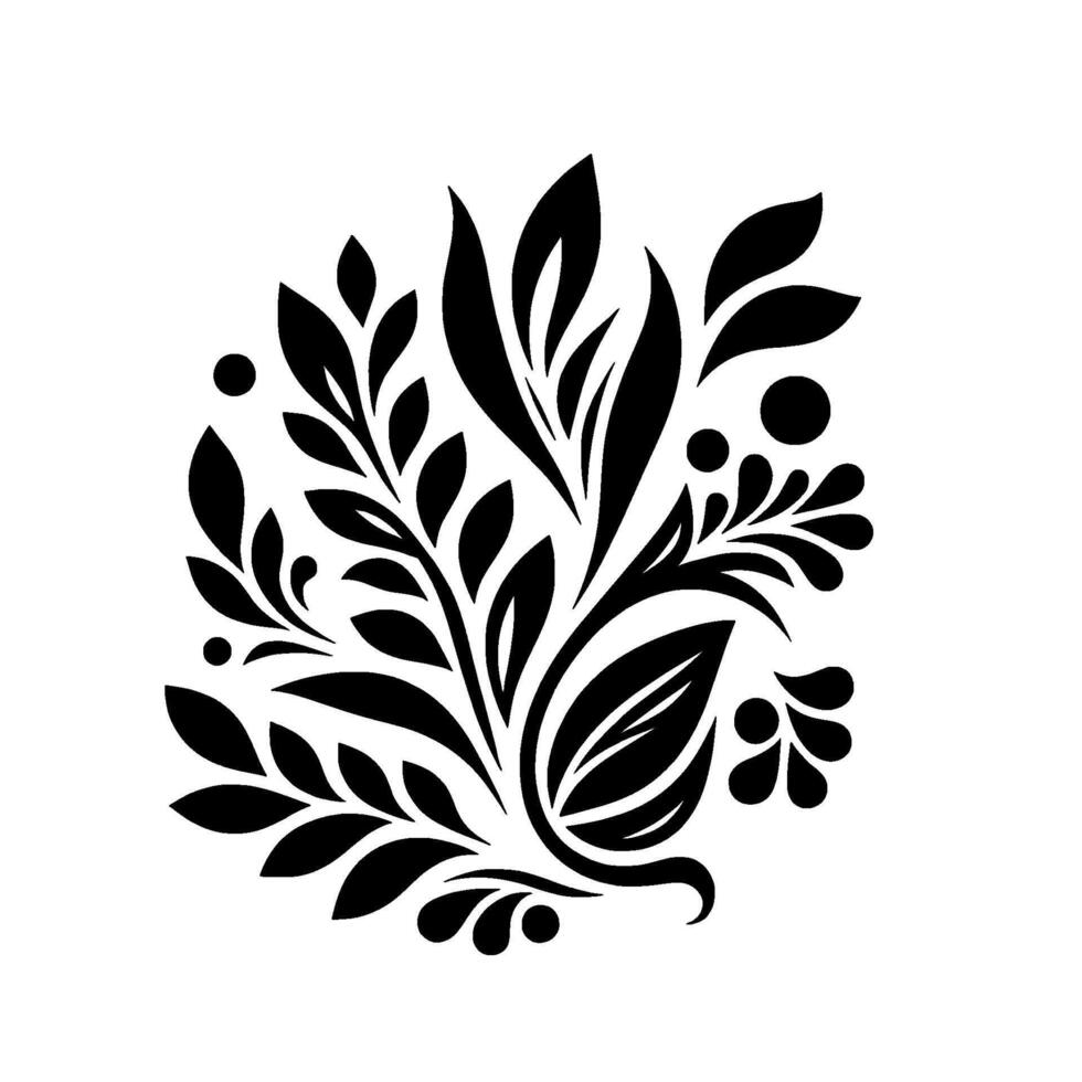 Symmetrical Black and White Floral Motif with Detailed Leaf and Bud Structures on a Clean White Background. vector