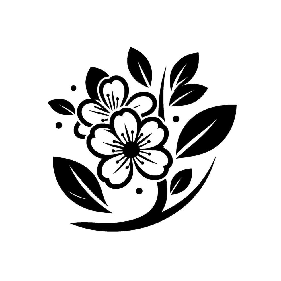A striking black and white illustration featuring two blossoming flowers, leaves, and elegant curves in a minimalist . vector