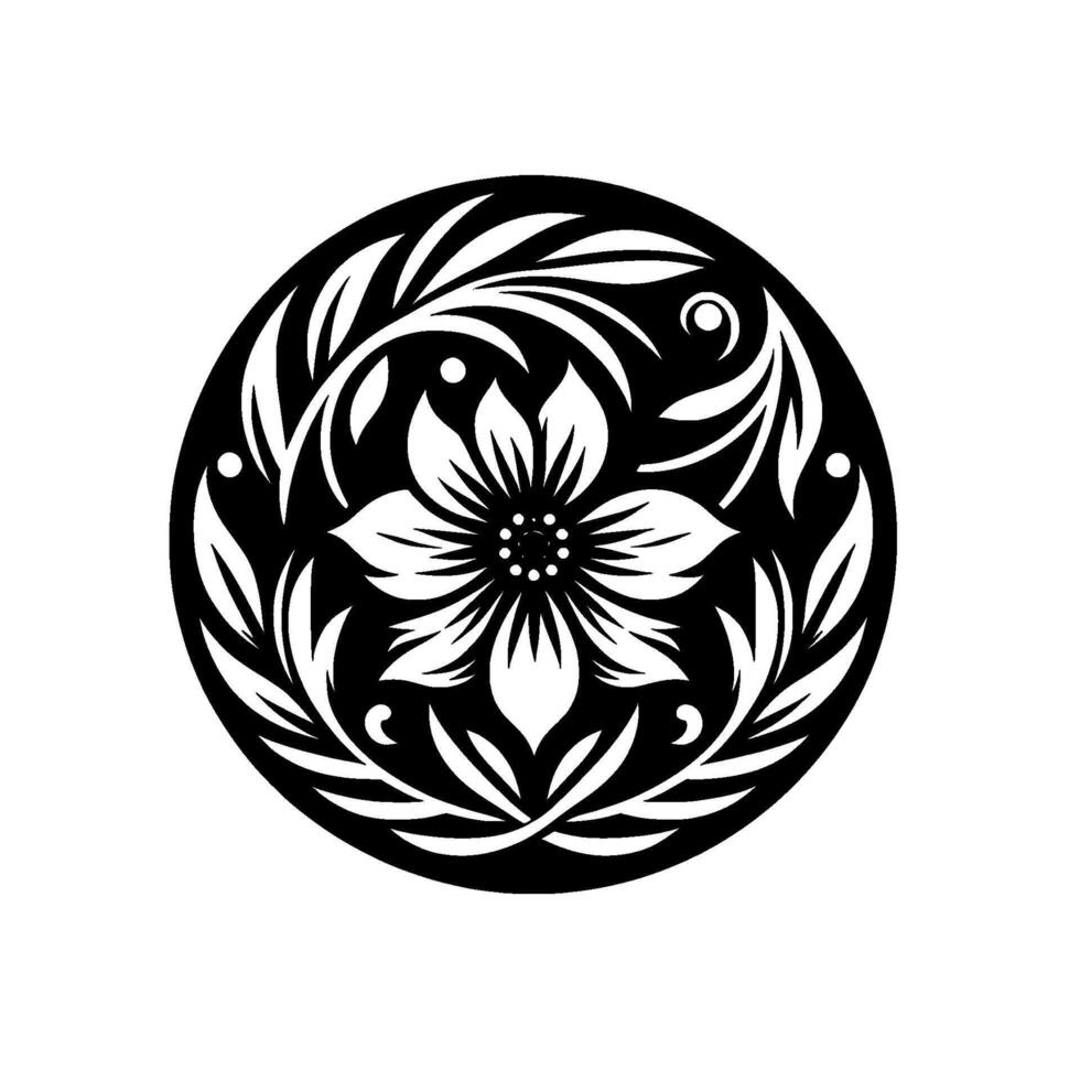 Intricate Black and White Floral Mandala A Detailed Botanical with Geometric Precision in a Circular Composition. vector