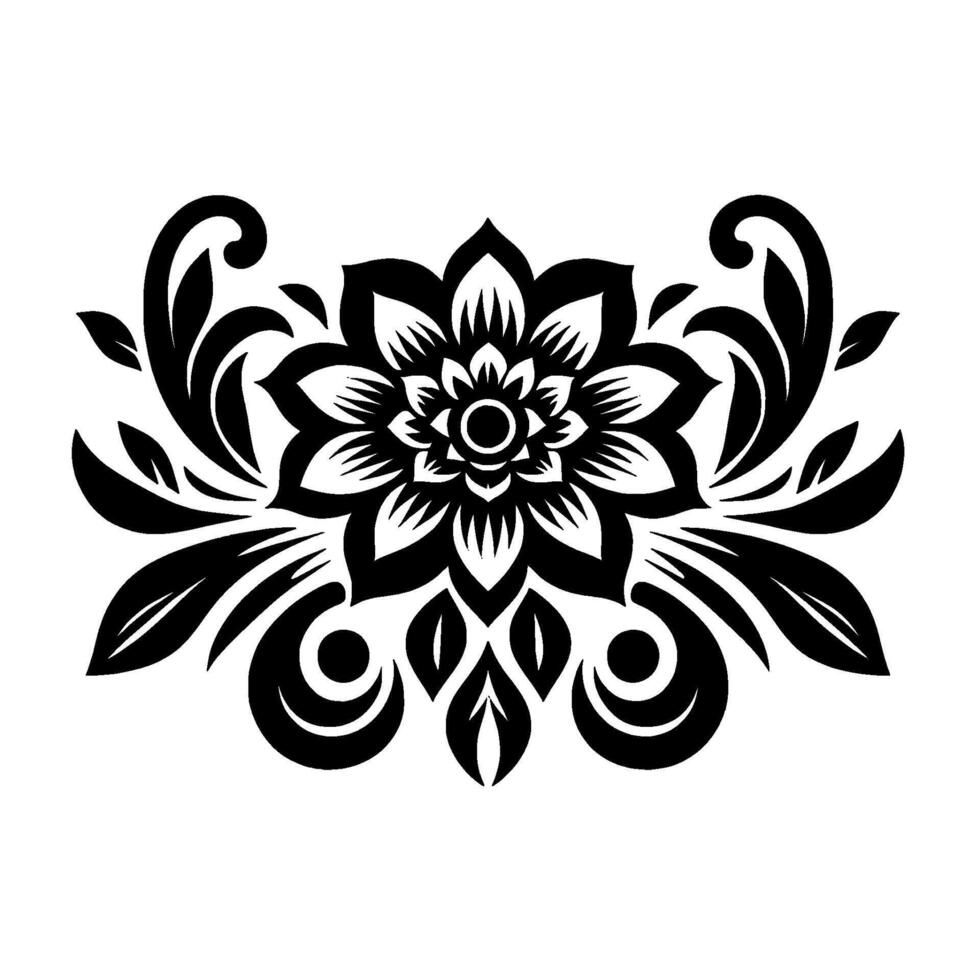 Intricate symmetrical black and white floral ornament, stylized flower with swirling leaves, elegant on a white background. vector