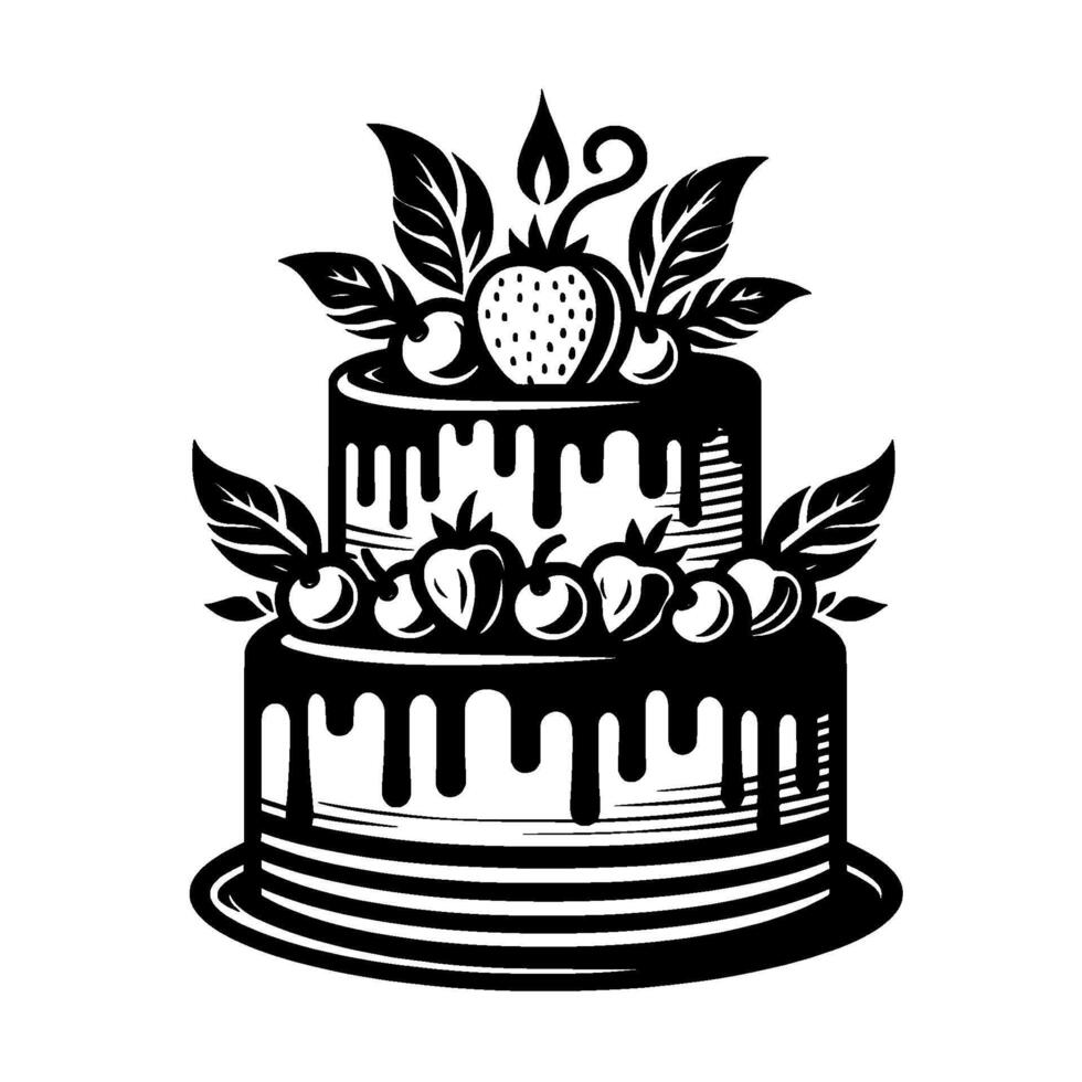 TwoTiered, BlackandWhite Cake Illustration Adorned with Berries, Leaves, and Drizzling Icing, on a White Background. vector