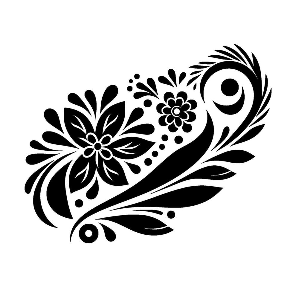 Intricate black floral silhouette , symmetrical and stylized with flowers, leaves, and swirls on a white background. vector