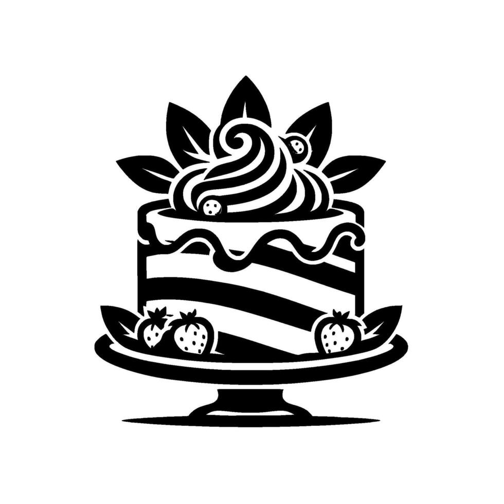 Elegant Black and White Cake Illustration with Strawberries, Cream, and Leafy Accents on a Cake Stand. vector