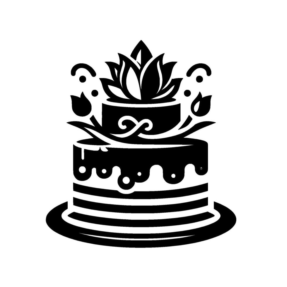 Twotiered stylized cake with floral topper, infinity symbol, and decorative elements in black and white on a round base. vector