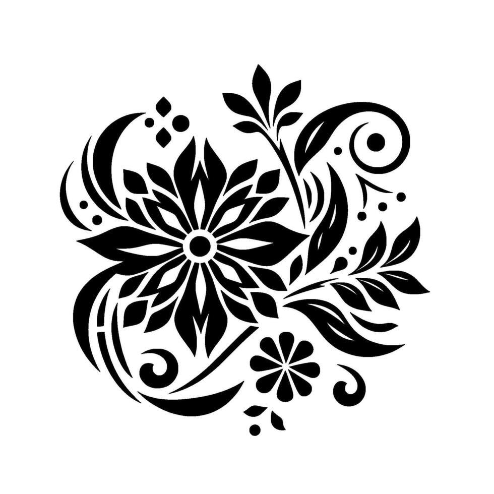 Bold, Monochrome Floral A Symmetrical Composition Featuring a Central Large Bloom, Embellished with Leaves, Spirals, and Smaller Accents. vector