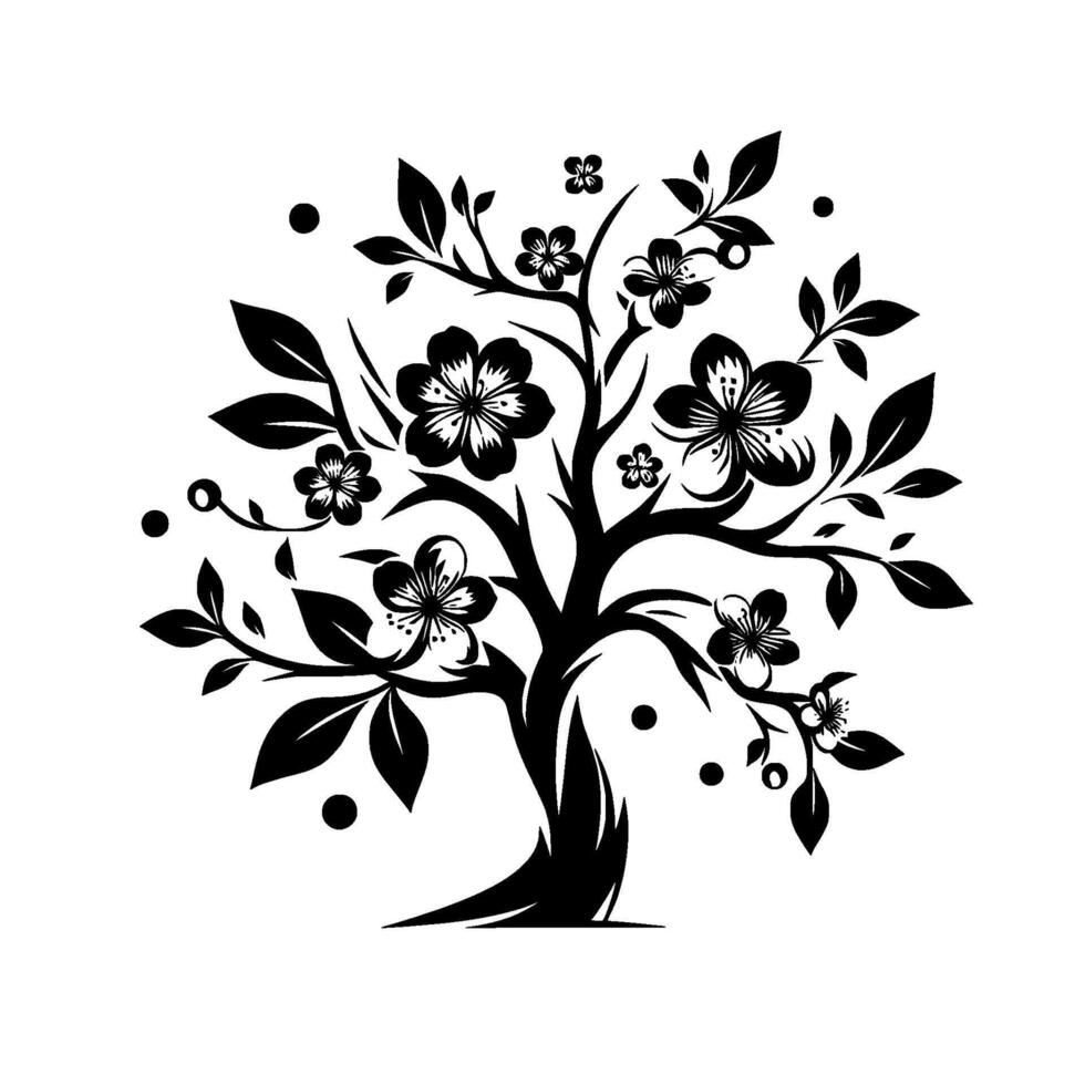 Elegant Black White Floral Tree Silhouette with Delicate Blossoms, Leaves, and Abstract Dot Accents Against a Pure White Background. vector
