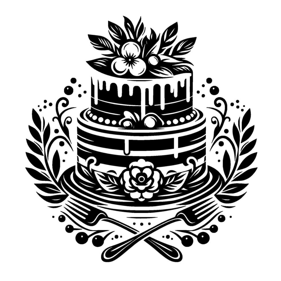 Elegant Black White Illustration of a TwoTiered Cake Adorned with Floral Leafy Embellishments, Resting on a Plate with Crossed Forks. vector