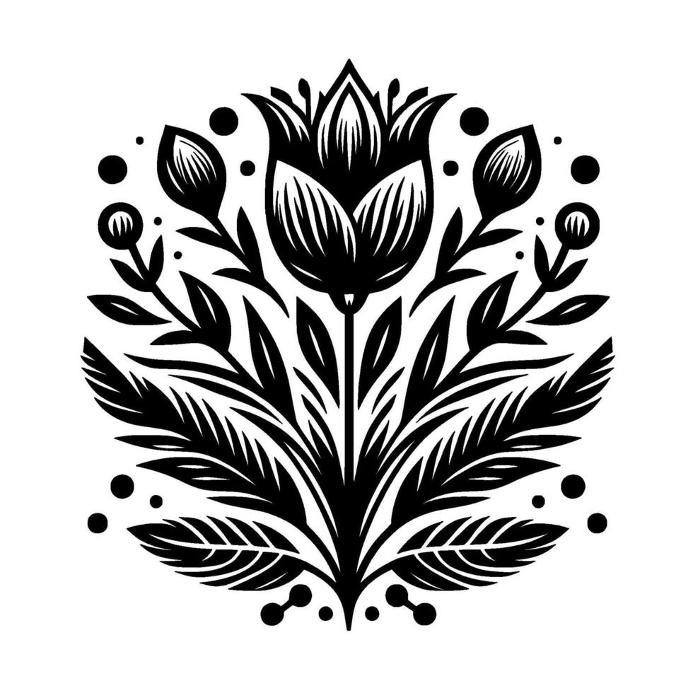 Symmetrical Black White Floral A Detailed, Stylized Flower with Buds and Leaves in a Circular Composition. vector