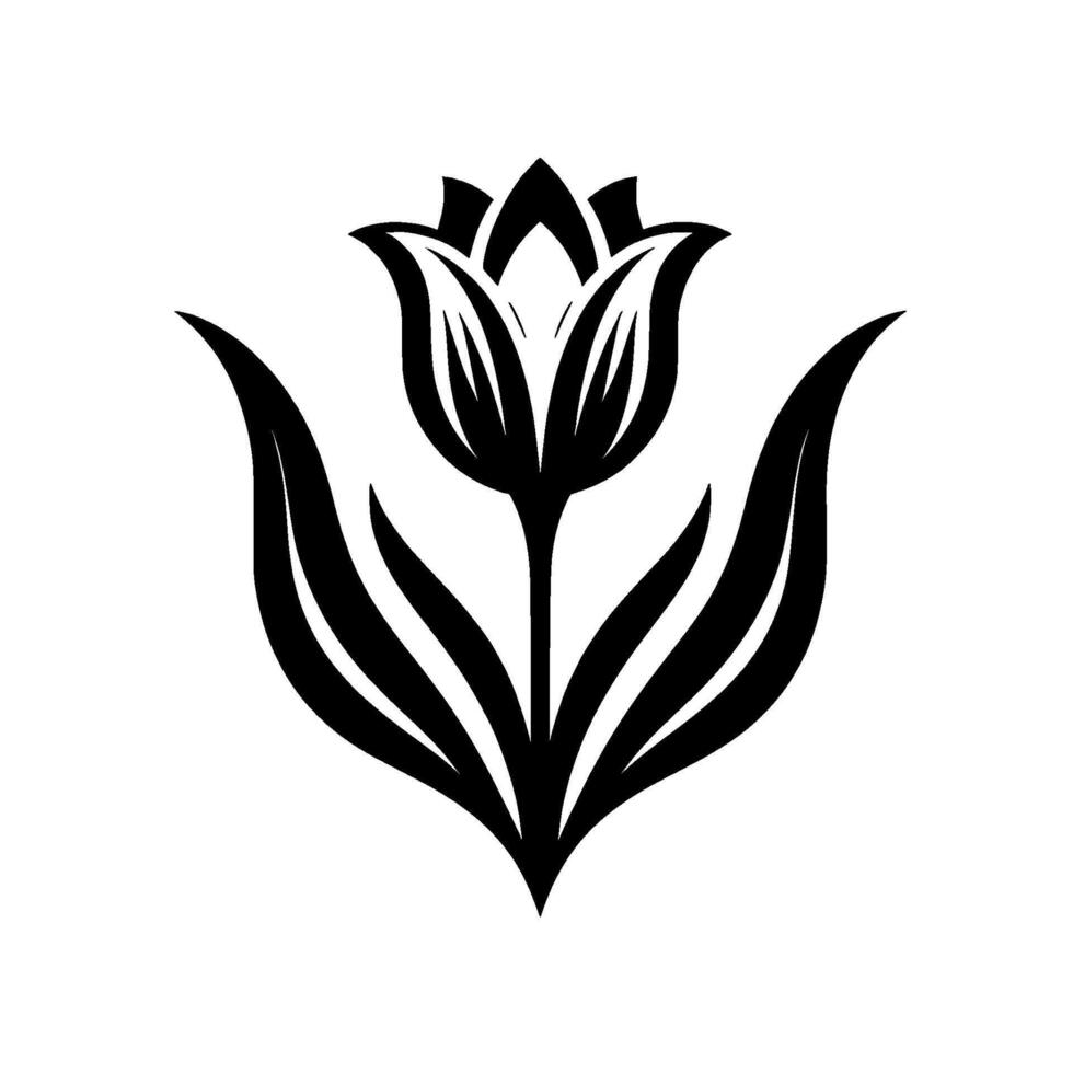 Bold Black and White Stylized Tulip with Detailed Petals and Leaves, Isolated on White, Elegant . vector