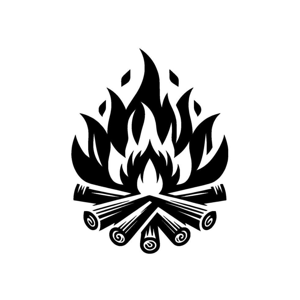 Stylized Black White Campfire Illustration with Burning Flames, Stacked Logs, and a Minimalist . vector