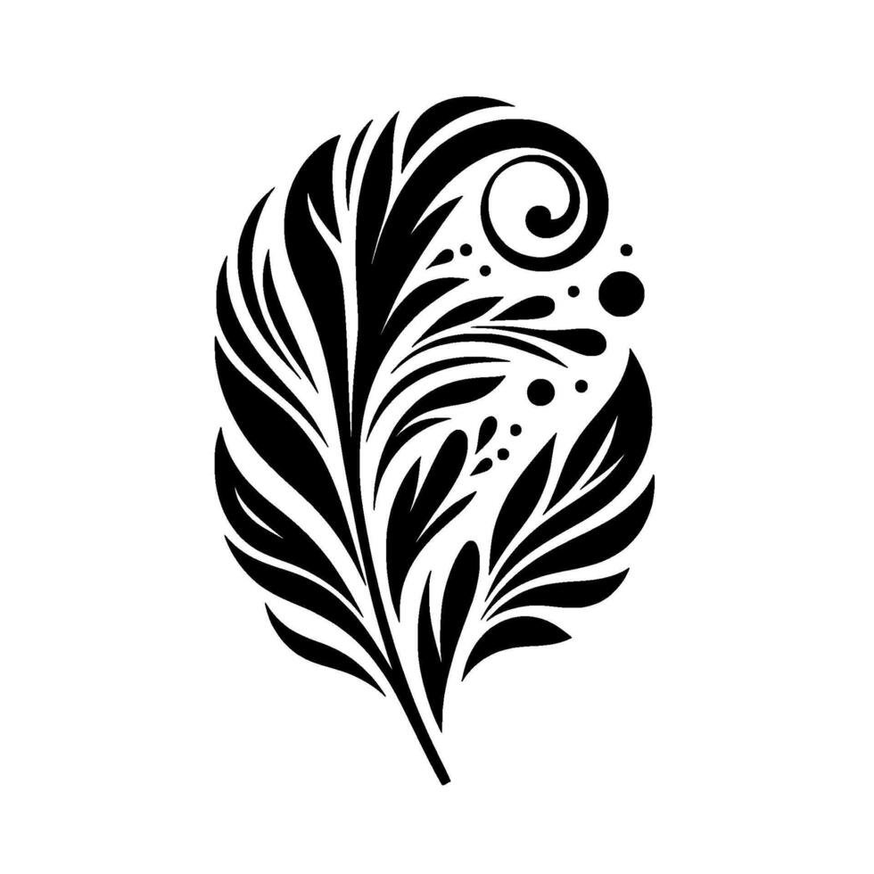 Elegant Black Floral Illustration on White, with Leafy Elements, Spirals, and Droplet Accents in a Symmetrical Composition. vector