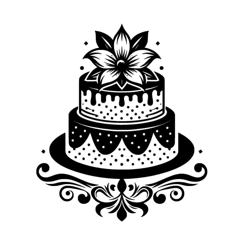 Elegant TwoTier Cake Illustration with Floral Topper, Drip Icing, Polka Dots, and Decorative Flourishes in Black White. vector