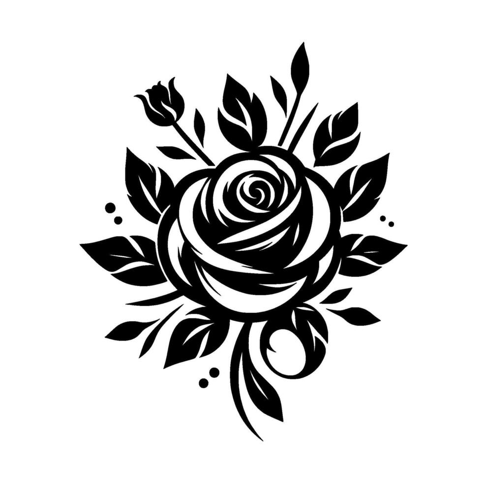 Intricate Black and White Rose with Leaves and a Bud, Floral Illustration on a White Background. vector