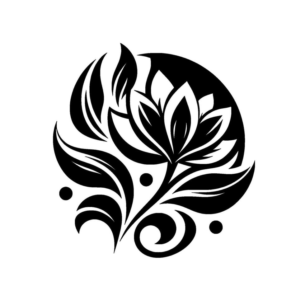 Elegant Black and White Floral Stylized Lotus with Curvilinear Leaves and Minimalist Dots, Circular Composition. vector