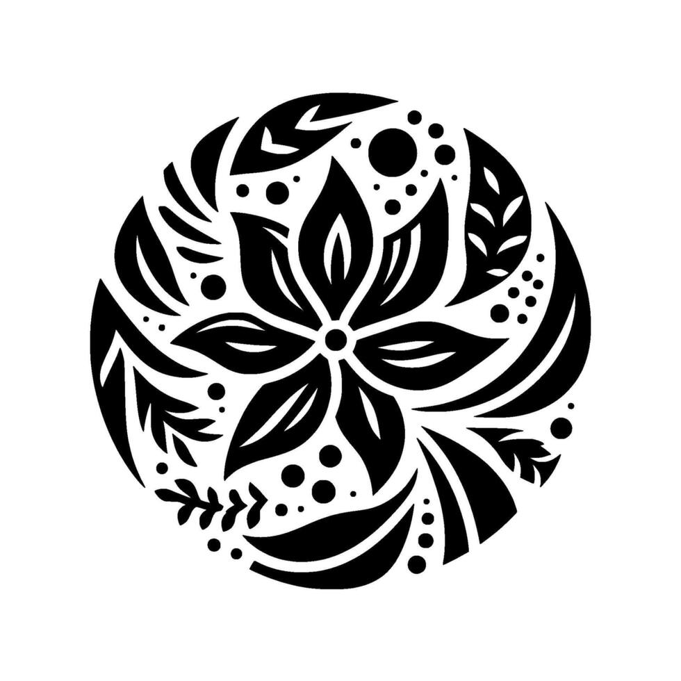 Black White Floral Mandala with Central Flower, Leaves, and Dot Details in Circular Composition on White Backdrop. vector