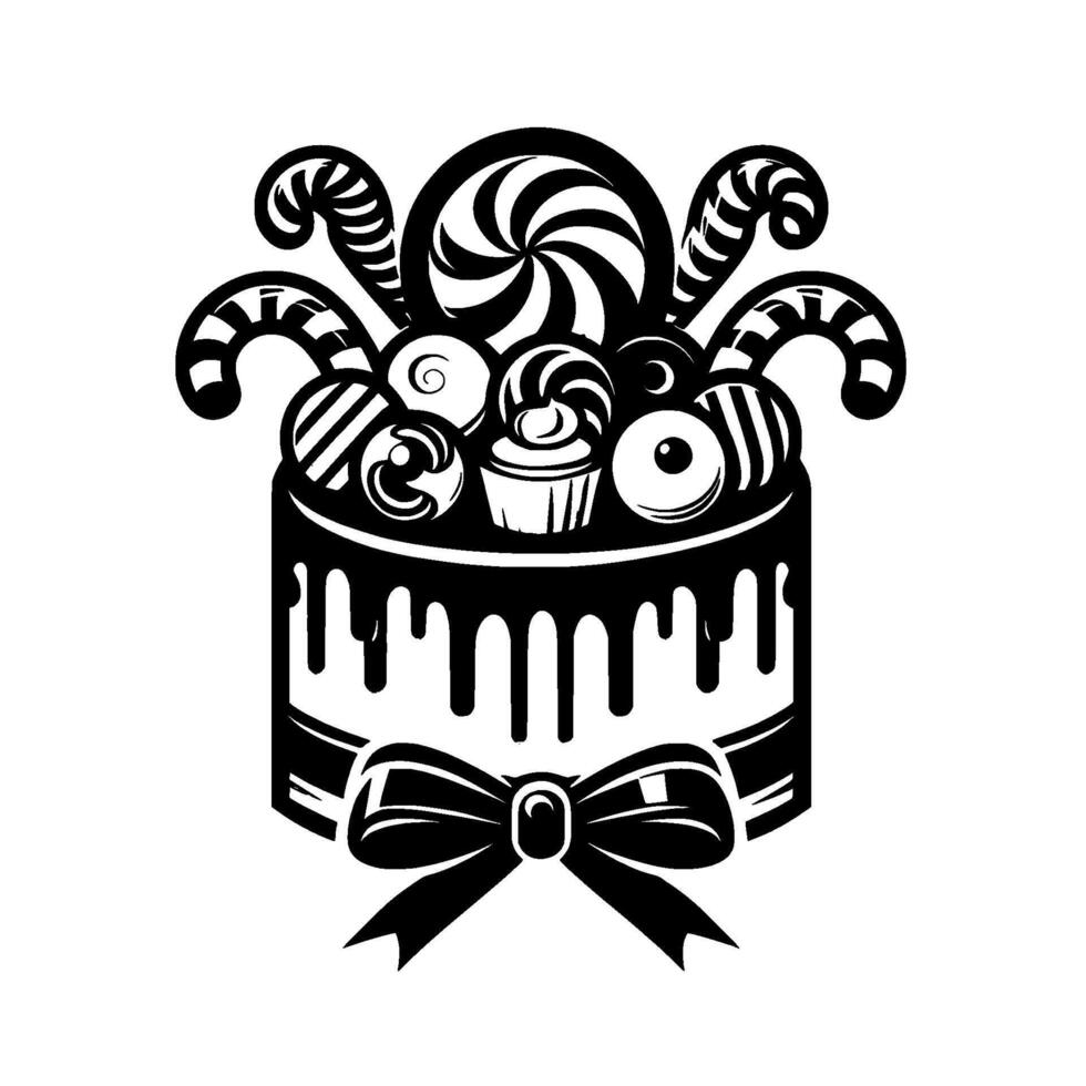 illustration of a whimsical birthday cake dripping with frosting and topped with candies, lollipops, and candy canes, tied with a bow. vector