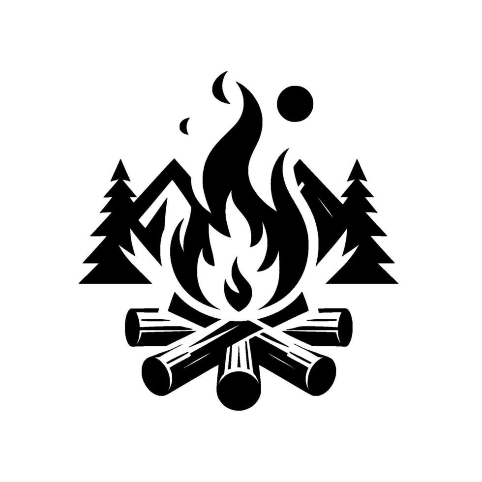 Stylized monochrome illustration a campfire with flames, logs, surrounding trees, mountains, a crescent moon, and a full moon, evoking outdoor adventures. vector