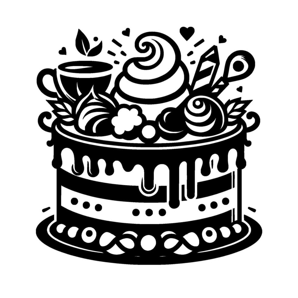 Black and white line art illustration of a layered cake adorned with whipped cream, decorative elements, and a coffee cup. vector