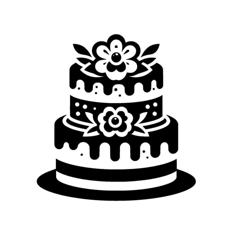 Elegant TwoTier Black and White Floral Cake Silhouette on a Round Platter, a stylized bakery illustration. vector