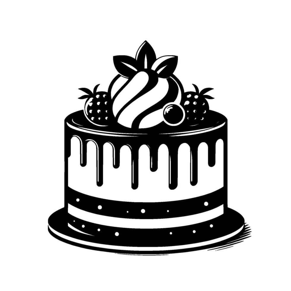 A Black and White Cake Decorated with Whipped Cream, Berries, and Drizzled Chocolate, Presented on a Circular Plate vector