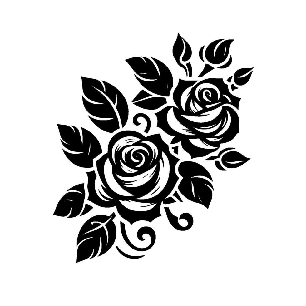Black and White Floral Illustration A stylized rose arrangement with leaves and buds, perfect for elements on a white background. vector