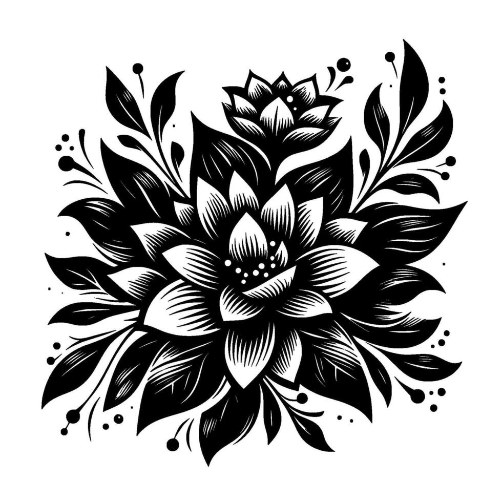 Intricate Black and White Floral Composition A Detailed Illustration of Blooming Flowers, Leaves, and Decorative Elements, Isolated on a White Background. vector