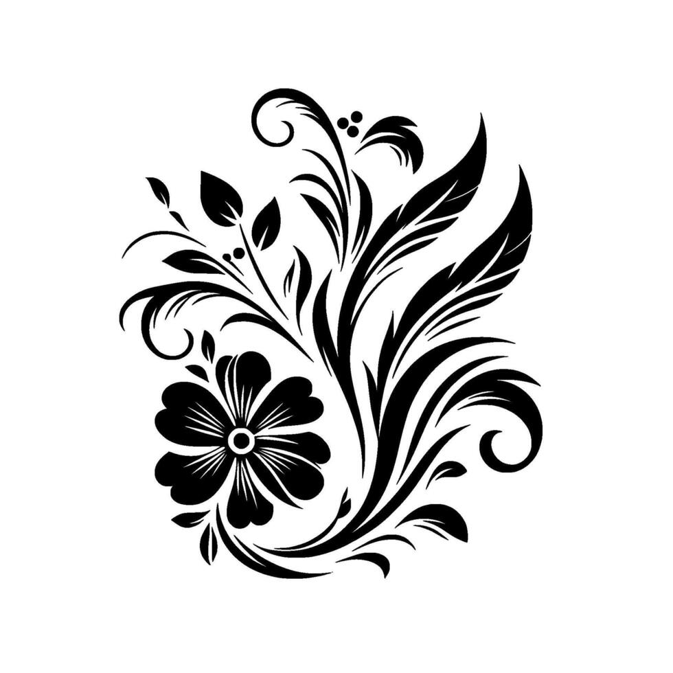 Elegant Black and White Floral Featuring a Detailed Flower, Leaves, and Swirls on a Pristine White Backdrop vector