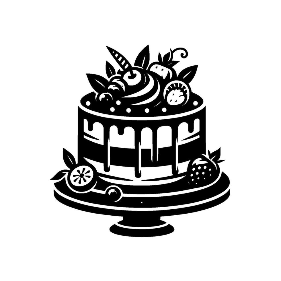 Elegant Black and White Illustration of a Tiered Cake with Fruit Toppings, Isolated on White. vector