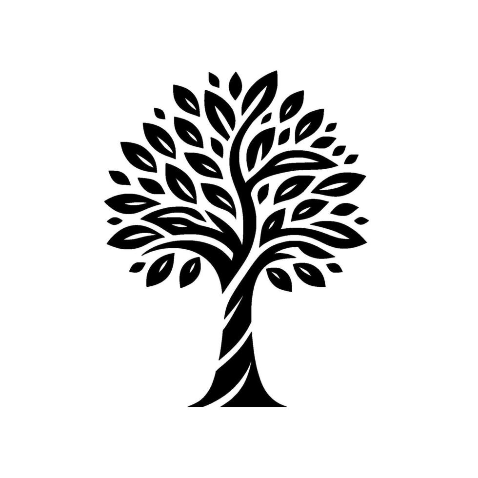 A stylized monochrome illustration of a thriving tree, with detailed leaves, curving branches, and a textured trunk, standing tall on a white backdrop. vector